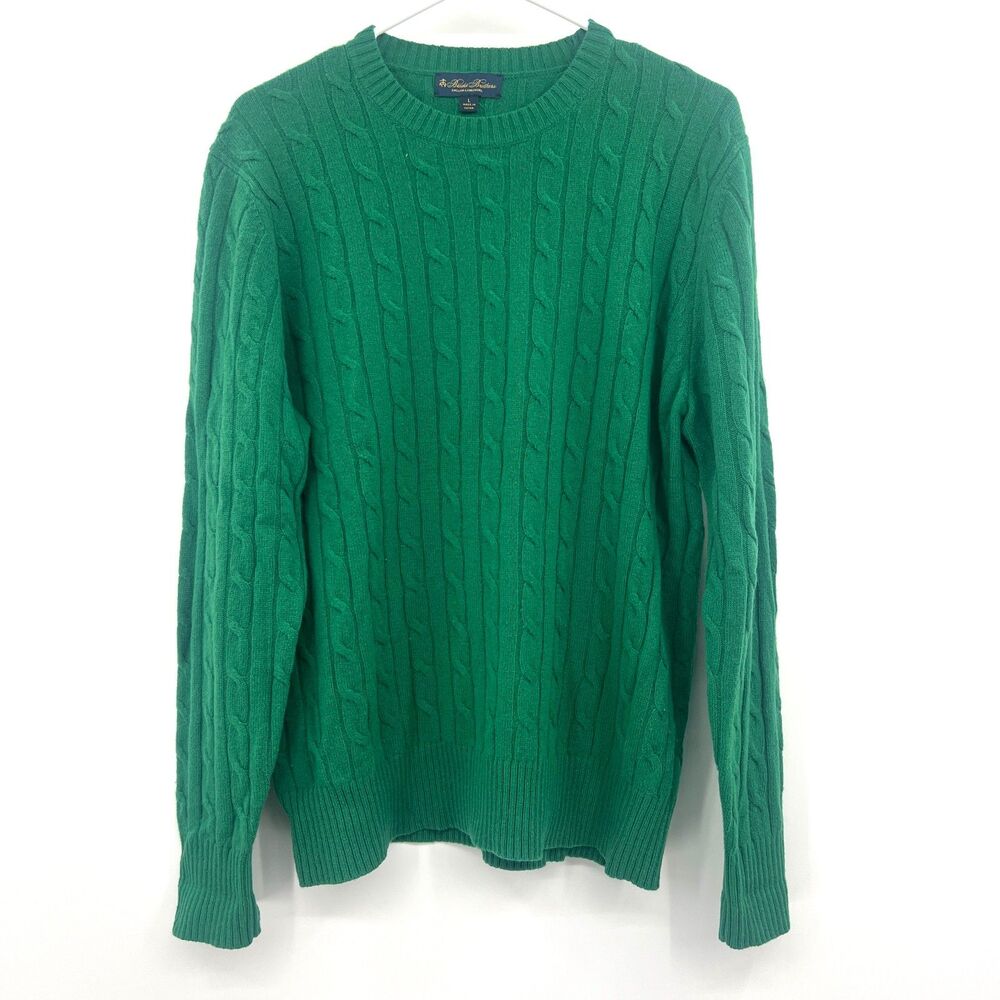 Brooks Brothers Green Cable Knit Sweater Mens L English Lambswool Crewneck